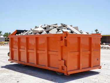 Clean, heavy-duty orange roll-off dumpster filled with concrete rubble on a commercial construction site, bright Florida sunlight, crisp shadows, wide-angle lens, low horizon.