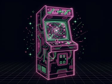 Vector line illustration of a glowing neon arcade cabinet in a dark void, pink and green wireframe lines, retro pixel art sparkles