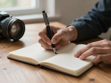 Close-up of hands writing in an open notebook on a warm wooden desk, natural side-window light, a coaching session in progress, ink on cream paper, shallow depth of field