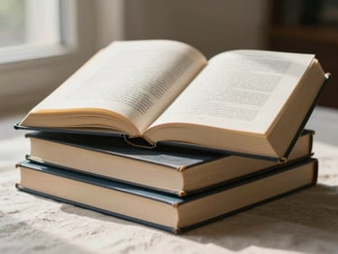 Stack of open books on a light linen surface, one book splayed open mid-read, natural diffused daylight from the left, a pen resting across the spine, warm and considered