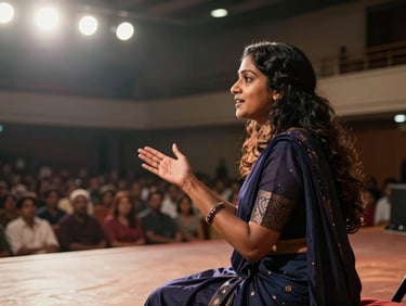 Wide environmental shot of a speaking stage from the side, Shyamala mid-sentence gesturing toward the audience, warm stage lighting from above-left, microphone visible, room depth behind her