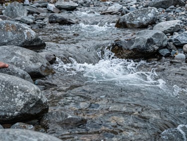 Close frame of Himalayan river bank, clear glacial water rushing over smooth gray stones, single pilgrim's bare feet visible at lower left, cold diffused daylight on water surface
