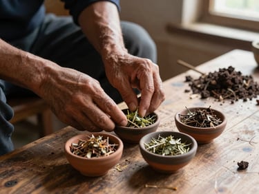 Hands of a Himalayan artisan pressing mountain herbs into small clay bowls on a rough wooden workbench, natural light from a small window, dark soil and dried leaves in background