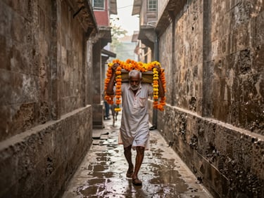 Narrow lane in Varanasi old city, elderly man carrying marigold garlands toward the ghat, damp stone walls on either side, warm morning light filtering through a gap overhead