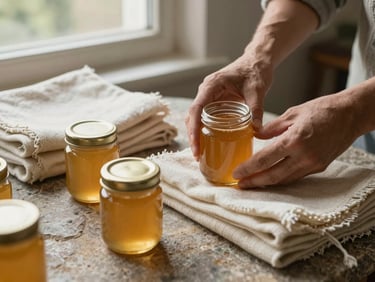 Close detail shot, hands arranging small glass jars of mountain honey and folded hand-loomed wool textiles on a rough stone surface, diffused daylight from a high window, earthy amber and cream tones, no labels visible