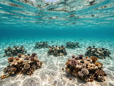Underwater marine conservation efforts, coral nursery structures with small growing corals, clear turquoise Caribbean water, natural sunlight filtering through the surface