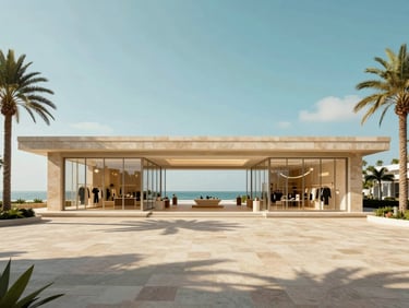 Architectural render of a modern luxury waterfront retail pavilion, sand-colored stone facade, elegant glass fronts, coastal palm trees, bright warm daylight