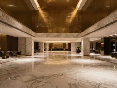 Wide panoramic shot of an empty luxury hotel lobby in Dubai, minimalist marble floors, dramatic chiaroscuro lighting, brushed gold accents.