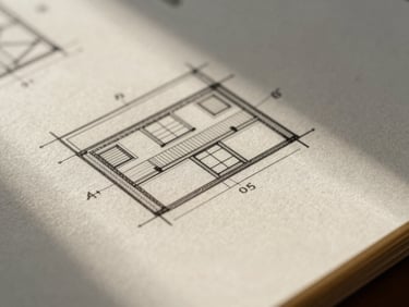 Extreme macro close-up of an embossed architectural blueprint on heavy cream paper, sharp directional sunlight, dramatic shadows.