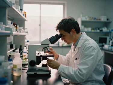 A scientist in a crisp morning daylight laboratory examining a specimen under a microscope, professional 35mm film style, wide environmental composition