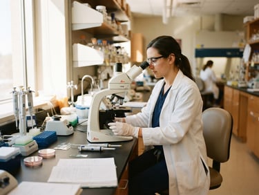 A researcher in a crisp, bright morning daylight laboratory adjusting a microscope, 35mm film style, warm editorial photography, deep organic tones