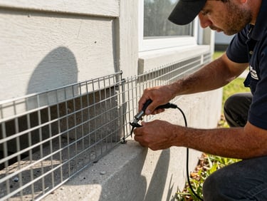 A technician in a branded uniform installing a durable steel mesh barrier along the concrete foundation of a Cape Coral home, high-contrast afternoon sunlight, close-up on hands and tools.