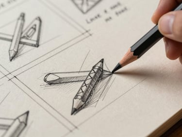 Macro close-up of a pencil storyboard sketch on textured cream paper, showing dynamic panel layouts and hand-written editorial notes in the margins.
