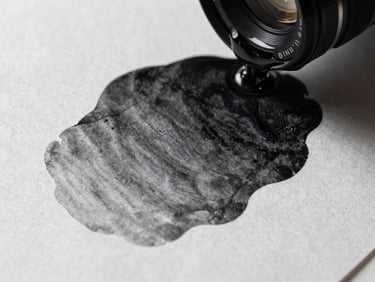 Close-up of ink pooling on textured paper, showing the rich gradient from deep black to soft grey wash under sharp directional studio light.