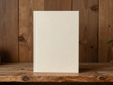 Straight-on eye-level photograph of a physical book mockup with a minimalist cream cover, resting on a rustic wooden studio shelf.