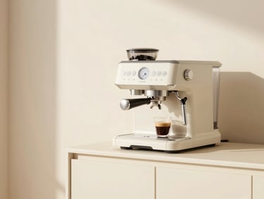 Sleek modern espresso machine on a minimalist cream counter, soft morning light, negative space