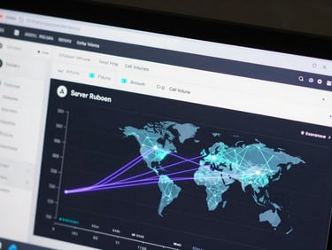 A high-fidelity dark-mode analytics dashboard interface displaying real-time call volume metrics, server latency graphs, and global network nodes in glowing cyan and purple paths.