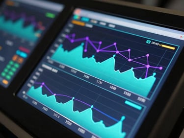 Close-up macro of a high-tech control dashboard with real-time data visualizations, glowing cyan charts, and purple network nodes on dark glass screens.