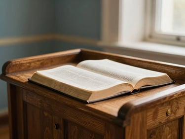 An open Bible on a warm wooden pulpit under soft golden window light
