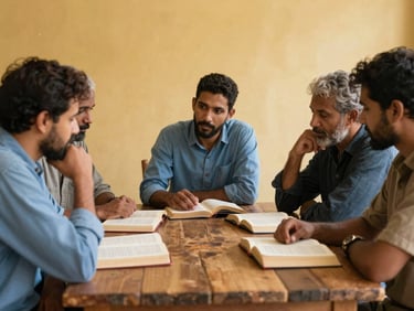Men gathered around a rustic table with open Bibles, deep in discussion, warm lighting, sincere