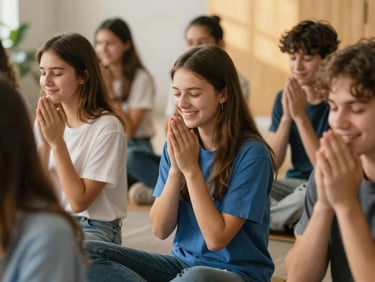 A group of teenage youth laughing and praying together in a modern fellowship space, soft golden light