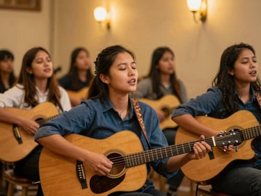 A passionate worship team with acoustic guitar and singers under warm golden sanctuary lights, authentic