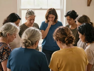 Women of diverse ages embracing and praying in a circle, soft window light, warm and supportive atmosphere