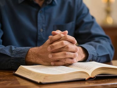 Close-up of hands folded in prayer over an open Bible on a wooden altar, soft focus, sacred atmosphere