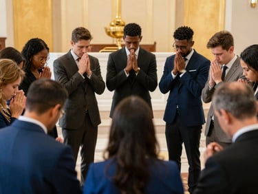 A diverse group of church members praying together in a circle, warm lighting