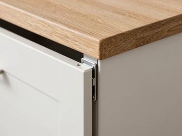 Macro detail shot of a seamless aluminum joint on a kitchen cabinet drawer, bright natural daylight, metallic and wood textures
