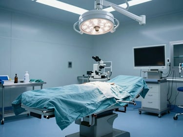 Wide environmental shot of an empty modern neurosurgical operating theatre in quiet preparation, cool blue clinical light, precise surgical microscope in the background
