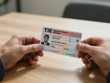 Close-up of hands holding a Spanish residency card (TIE) on a clean wooden table in a sunlit room, soft natural lighting.