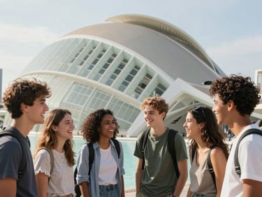 A multicultural group of young students laughing together outside the iconic Valencia City of Arts and Sciences, bright natural daylight.