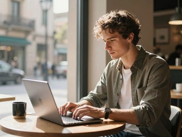 A young professional digital nomad working on a laptop in a bright, modern Barcelona cafe near a window, warm morning sunlight.