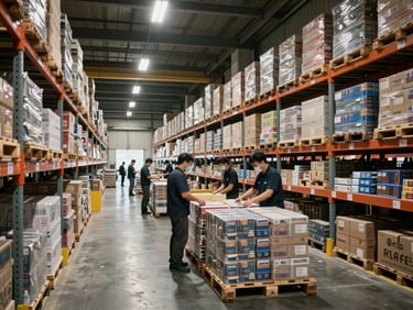 Wide shot of a warehouse interior during active operations, workers sorting product on pallets under industrial overhead lights, organized inventory aisles, supply-chain process visible at scale