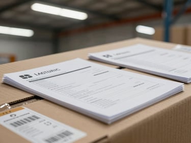 Close-up of logistics manifest documents and barcode labels on cardboard cargo boxes inside a warehouse, overhead fluorescent light, organized supply-chain documentation in motion