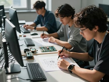 Collaborative tech workspace with students analyzing hardware schematics under natural daylight, cool shadows, focused atmosphere.