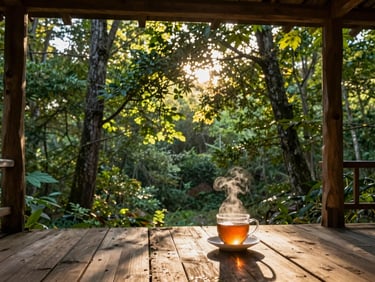 A rustic wooden porch overlooking a lush green forest canopy at golden hour, warm dappled sunlight filtering through leaves, a steaming cup of tea.