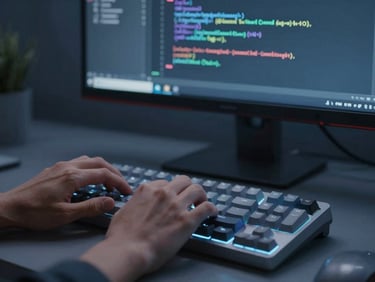 Close-up of hands typing code on a mechanical keyboard, a glowing monitor displaying clean software test suites in a cool, slate-blue lit workspace.