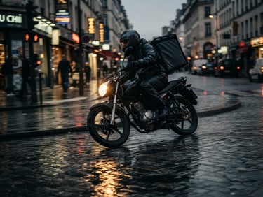 Dynamic low-angle shot of a delivery motorcycle speeding through wet city streets at dusk, golden headlight reflections, sharp focus, 35mm lens