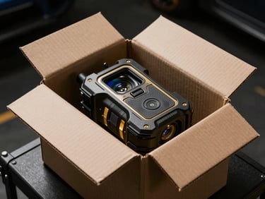 A rugged portable tracking device hidden inside a cardboard cargo box, dramatic lighting, industrial setup