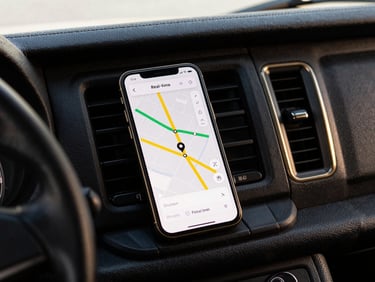 Close-up of a delivery van dashboard with a smartphone showing real-time tracking route, high contrast, gold details