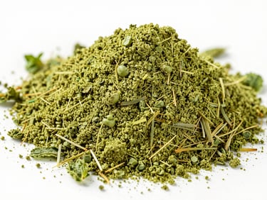 Macro studio shot of vibrant green mint powder and dried herbs, bright high-key lighting, sharp focus.