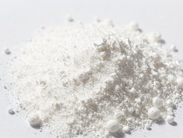 Close-up macro shot of white glucosamine sulfate powder, bright natural daylight, soft shadows, clean minimalist product shot