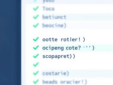 Close-up macro shot of a clean code editor interface with highlighted syntax and green checkmarks, soft blue glow, minimalist vector illustration, clean white background