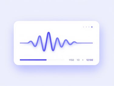 Minimalist vector illustration of a clean dashboard interface showing vocal pacing waves, feedback scores, and transcript highlights, soft violet background, clean white background