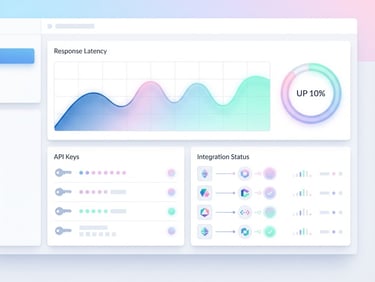 High-fidelity modern dashboard view with soft pastel gradients, showing API integration keys and response latency metrics, minimalist vector illustration style