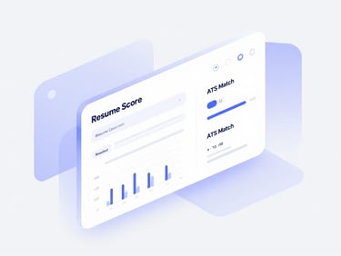 Isometric high-fidelity UI dashboard preview, bright studio lighting with soft violet backlights, showing Resume Score and ATS Match metrics with clean geometric lines, minimal vector style.