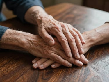 Close-up of hands of an elder and a younger person in a calm, supportive gesture resting on an elegant dark wood table surface.