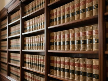 Architectural detail of a classic library with dark wood shelves filled with bound legal volumes, warm backlighting creating a quiet atmosphere.